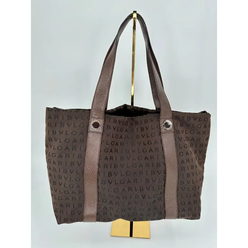 Bvlgari Logo Jacquard Canvas Tote Bag Brown w/ Matching Pouch & Dust bag